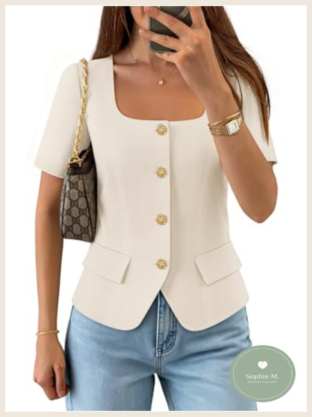 Womens Square Neck Cropped Vest Blazer Short Sleeve Summer Work Top